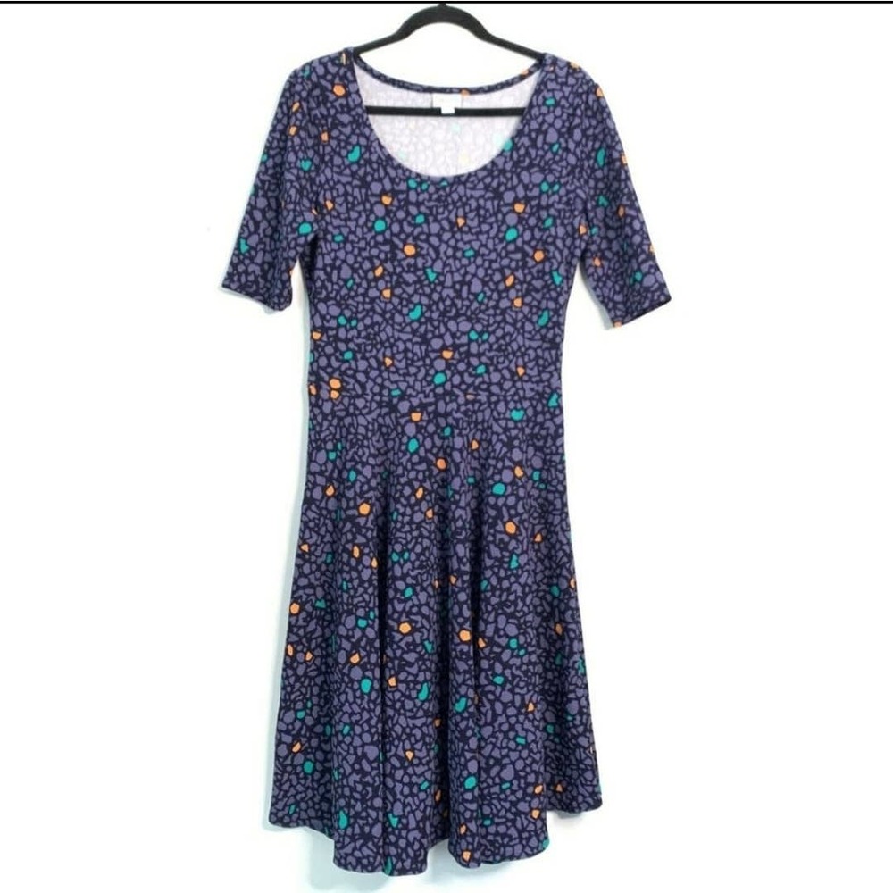 LuLaRoe Medium NWT Abstract Purple Nicole Fit Flare Skater Midi Dress